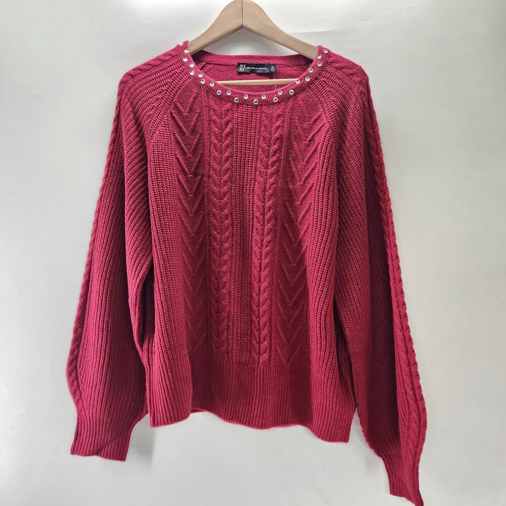 New York & Company Cable Knit Sweater Size XL Red Crystal Jewel Crew neck